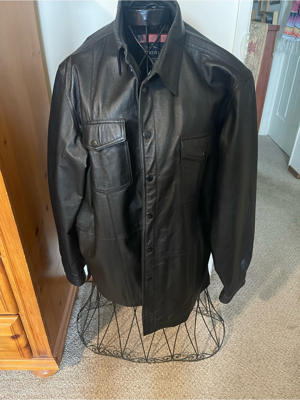 Men's Black Leather Button-Front Trench Coat